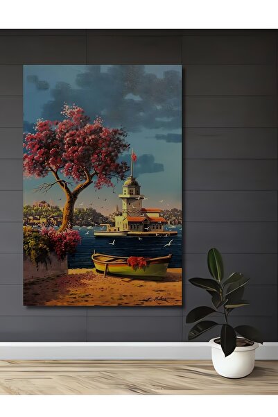 Teona Ahşap Kız Kulesi Manzaralı Pembe Çiçekli Ağaç Sulu Boya Görünümlü Dekor...