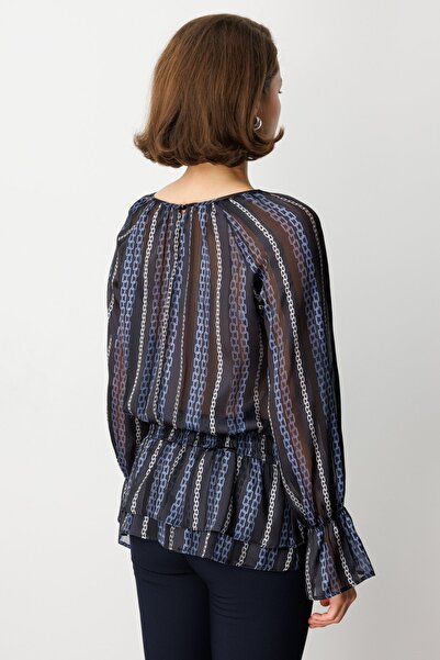 Ekol Drawstring Waist Patterned Chiffon Blouse