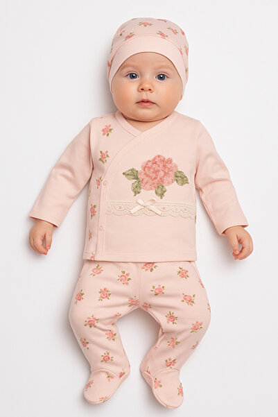 thesecret desire Baby Girl Powder Pink Floral Patterned Lace 3-Piece Set – El...