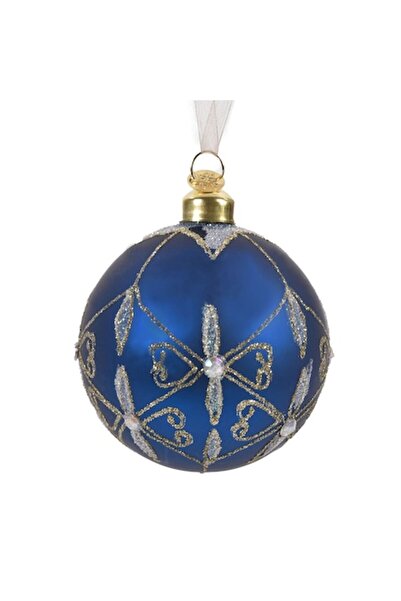 OEM Ornament de Crăciun - glob de sticlă albastră cu model auriu cu sclipici,...