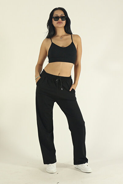 EydaMoon Γυναικείο μαύρο χτενισμένο βαμβακερό ύφασμα ελαστικό ύφασμα Φαρδύ πό...