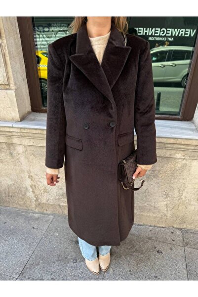 LUJJE Velvet Long Cashmere Coat - Acı Coffee