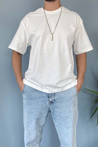 Alışveriş Sokağı Oversized Fit 100% Cotton Medium Thick Textured Ecru T-Shirt