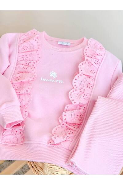 PITTO PINK SET Detay İşlemeli Pembe Sweatshirt Dokuma Pantolon Takım