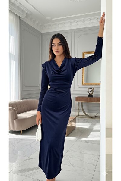 Larenmoda Degaje yaka kadife midi boy elbise