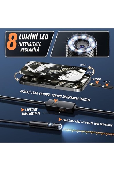 narvara Inspection Endoscope Camera, 8 Adjustable LEDs, 2MP, 5m Semi-Rigid Cable, IP67, 8mm