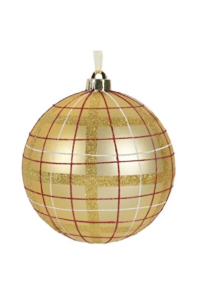 OEM Glob de Crăciun auriu mat cu model în carouri roșii și albe cu sclipici ø...