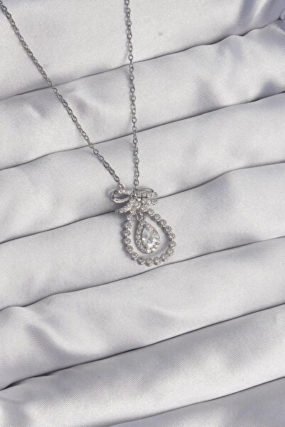 N!da Jewelry Steel Zircon Stone Drop Model Ribbon Necklace
