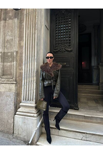 MODAGK Designer Fur Detailed Belted Leather Jacket