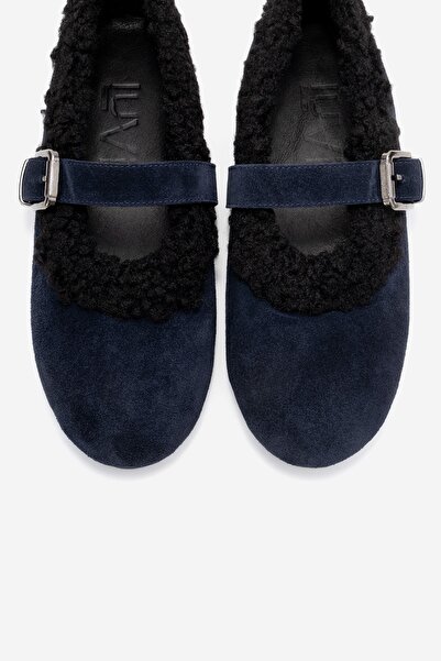 LuviShoes Guin Navy Blue Suede Genuine Leather Plush Detailed Belted Women's Ballerina Shoes