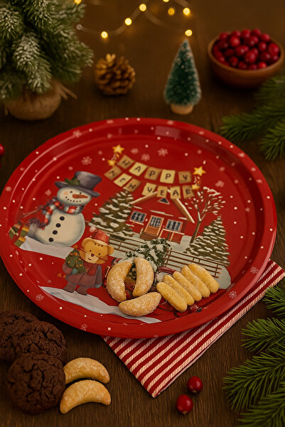 ATAGİFT HEDİYELİK Yılbaşı Temalı Kırmızı Metal Tepsi – Kar Tanesi Desenli Yeni Yıl Sunum Ve Servis Tepsisi