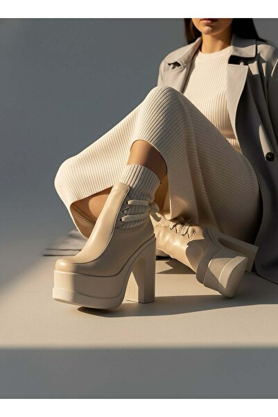 Modanizm Daphne Cream Leather Wedge Heeled Boots