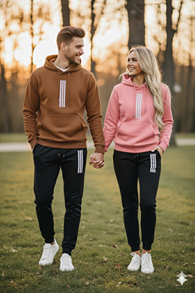 NİCE Winter Lover Couple Combination, Stripe Pattern Men's Bottom Top Set Men/Women 2-Piece