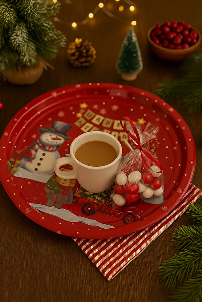 ATAGİFT HEDİYELİK Yılbaşı Temalı Kırmızı Metal Tepsi – Kar Tanesi Desenli Yeni Yıl Sunum Ve Servis Tepsisi