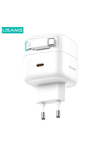 Usams 35W Fast Charging Wall Charger, Dual USB-C Ports with Retractable Cable, White