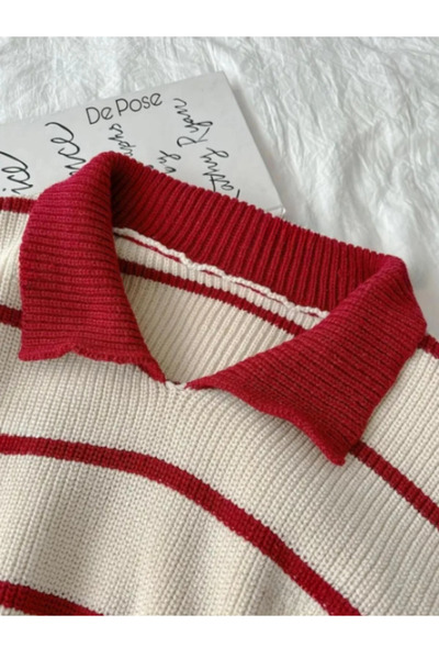 MOONBULL    Women's Polo Neck Striped Knitwear Sweater