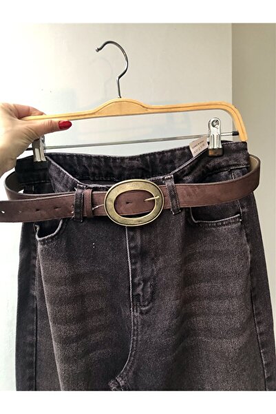 Gözde Tasarım Butik Women's Brown Antique Bronze Oval Buckle Suede Belt