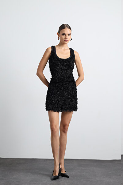 Mozto Furelle Feathered Black Mini Skirt
