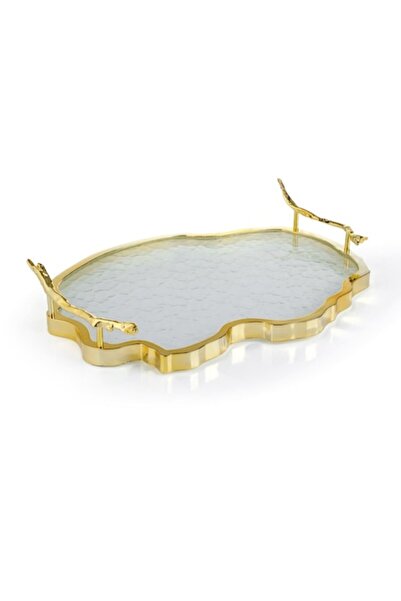 OEM Gold metal serving tray with glass surface 49x42cm