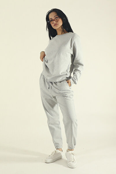 EydaMoon Women's Winter Fleece-Lined Tracksuit Set Crew Neck Sweatshirt Jogger - Gray Regular Elasticated Legs