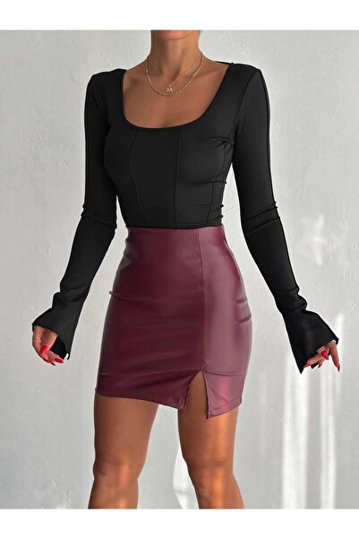 Luka Faux Leather Fabric Elastic Waist Slit Design Black Color Mini Skirt