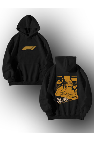 GlowUP Kadın Erkek Siyah F1 Oscar Piastri Baskılı Oversize Kapşonlu Kanguru C...