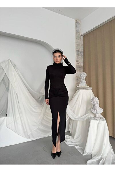 maf collection Women's Black Sandy Fabric Turtleneck Slit Detail Evening Dress Graduation Dress