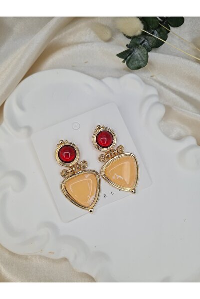 ZEYM COLLECTION Vintage Colorful Geometric Earrings – Gold Red Beige Retro Artistic Statement Model