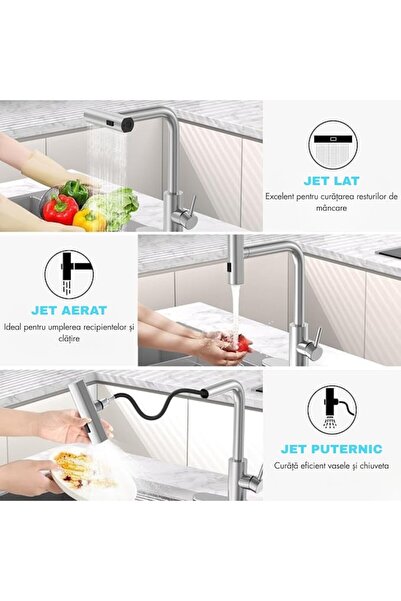 narvara Kitchen Sink Faucet — Stainless Steel, Pull-Out Head, 3 Functions, Single-Lever, 360° Mat