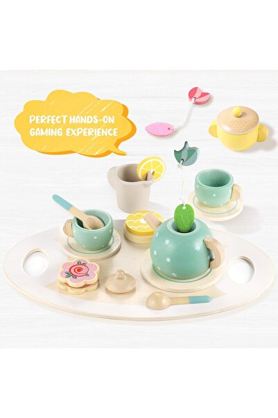 lil munchkins Wooden Tea Set for Little Girls - 15 Piece Pretend Play