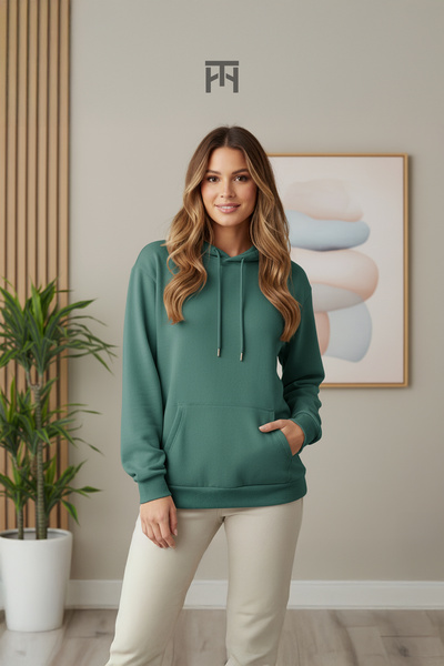 TeksNil Home 100% βαμβάκι Unisex χωρίς στάμπα Πράσινο βασικό φούτερ με κουκού...