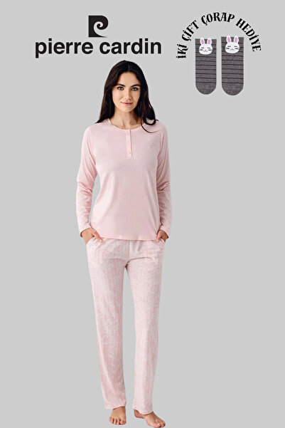 Pierre Cardin Women's Pink Licensed Soft Texture Button Detailed Pajama Set 2 Pairs of Socks Gift