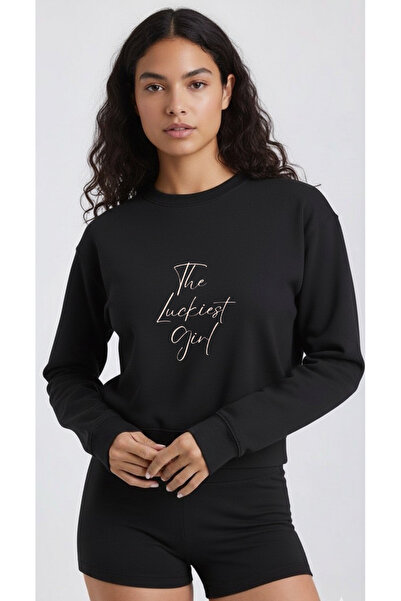 LORVEX Swea supradimensionată cu guler rotund tricou The Luckiest Girl Print