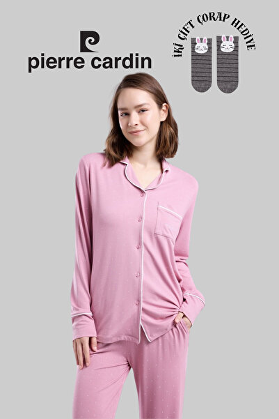 Pierre Cardin Women's Pink Long Sleeve Button Front Pajama Set 2 Pair Socks Gift