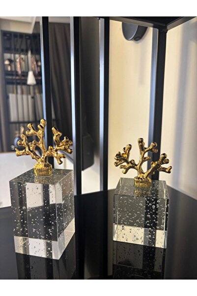 Purple Store Dekoratif Gold Mercan Figürlü 2'li Kristal Biblo