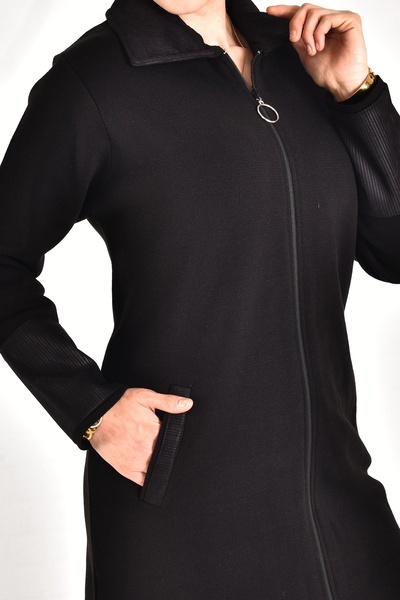 onno style women Steel Knit Collar Sleeve Leather Classic Long Knitwear Jacket