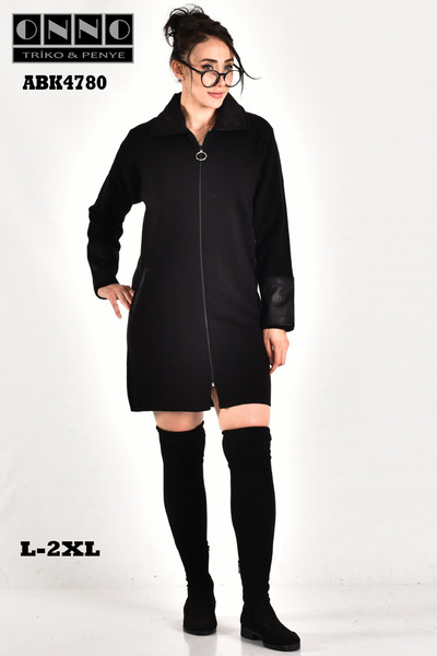 onno style women Steel Knit Collar Sleeve Leather Classic Long Knitwear Jacket