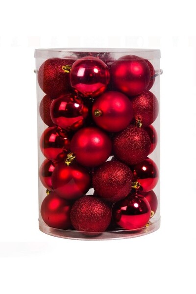 Lunix Set of Red Matt Shiny Glitter Christmas Baubles Ø7cm – 30pcs