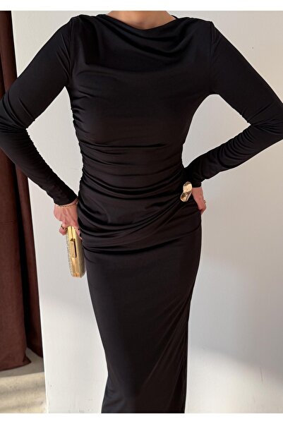 mafdress Women's Sandy Fabric Black Accessory Detail Long Dress