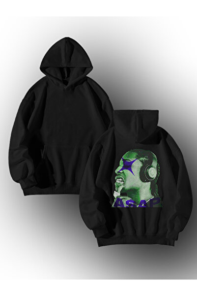 GlowUP هودي نسائي رجالي كبير الحجم باللون الأسود Asap Rocky مطبوع مزود بجيب كنغر