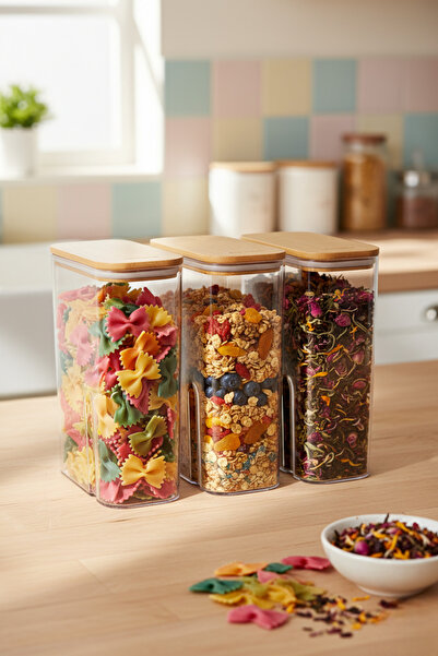 Fhilli Pure 3 Pieces 2L Mega Size Bamboo Vacuum Lid Storage Container Organizer Detergent Dispenser