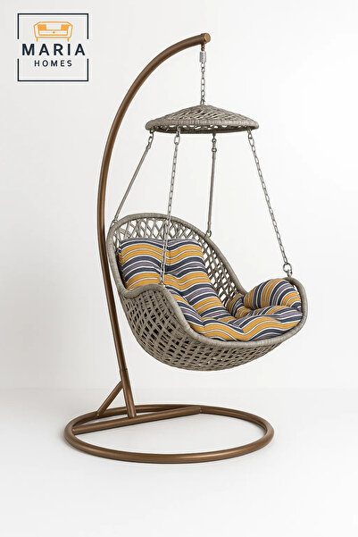 MARIA HOMES Modern Grey Rattan Hanging Swing Chair with Stand and Canopy for Outdoor Garden Patio Balcony