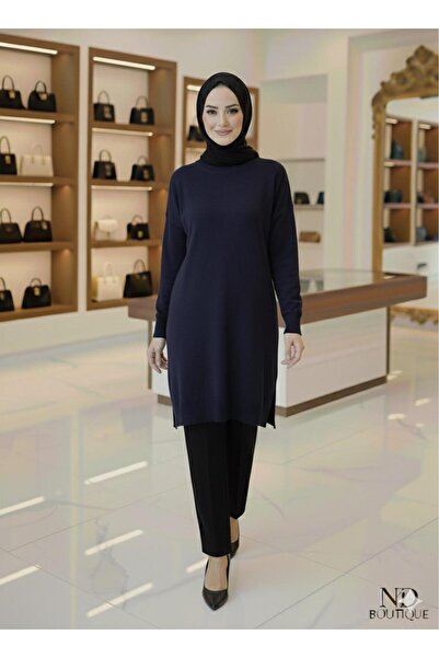 Gioni Тъмносиня мерсеризирана широка трикотажна туника с кръгла яка