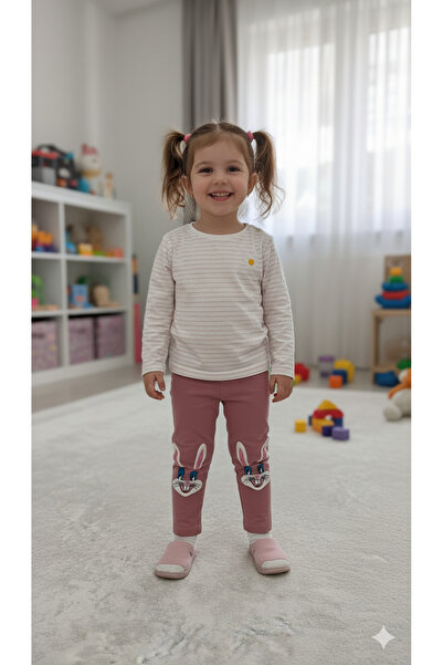 İsobel Ideal Sepet-İsob Rabbit Embroidered Cotton Girls' Leggings Sb-32601