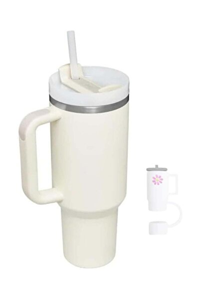 Generic 40oz Insulated Stainless Steel Tumbler with Straw & Handle (Cream)