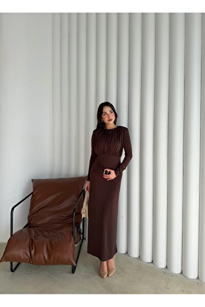 mafdress Kadın Sandy Kumaş Kahverengi Bisiklet Yaka Aksesuar Detay Abiye Elbise