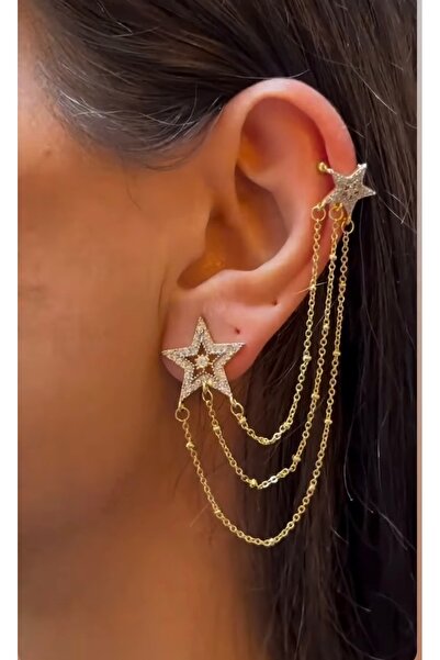 mibrillo Zincir detaylı taşlı yıldız kıkırdak küpe ( earcuff )