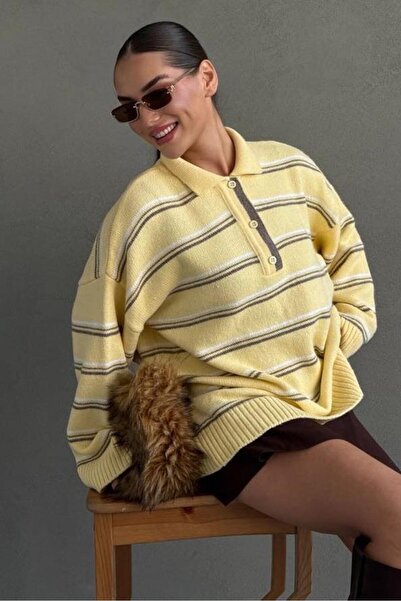 Madmext Yellow Striped Buttoned Polo Neck Sweater Mg2357