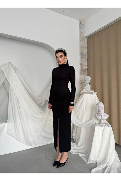 mafdress Women's Turtleneck Black Long Sleeve Slit Detail Piping Dress