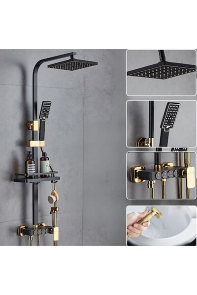 narvara Complete Shower Column Set - Brass Body, 4 Flow Modes, Black/Gold